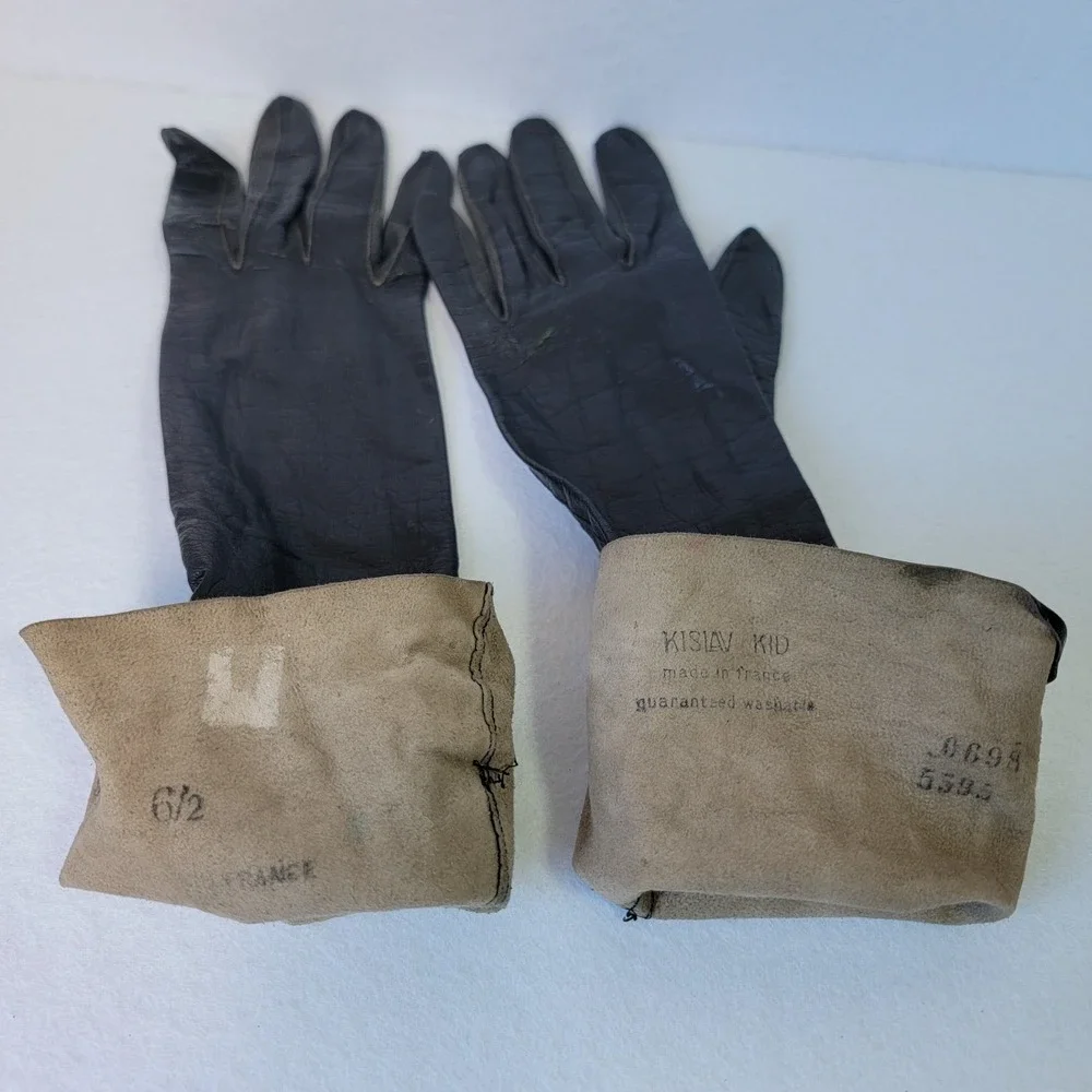 Vtg Ladies Long Opera Kislav Kid Leather Black Gloves Sz 6 1/2